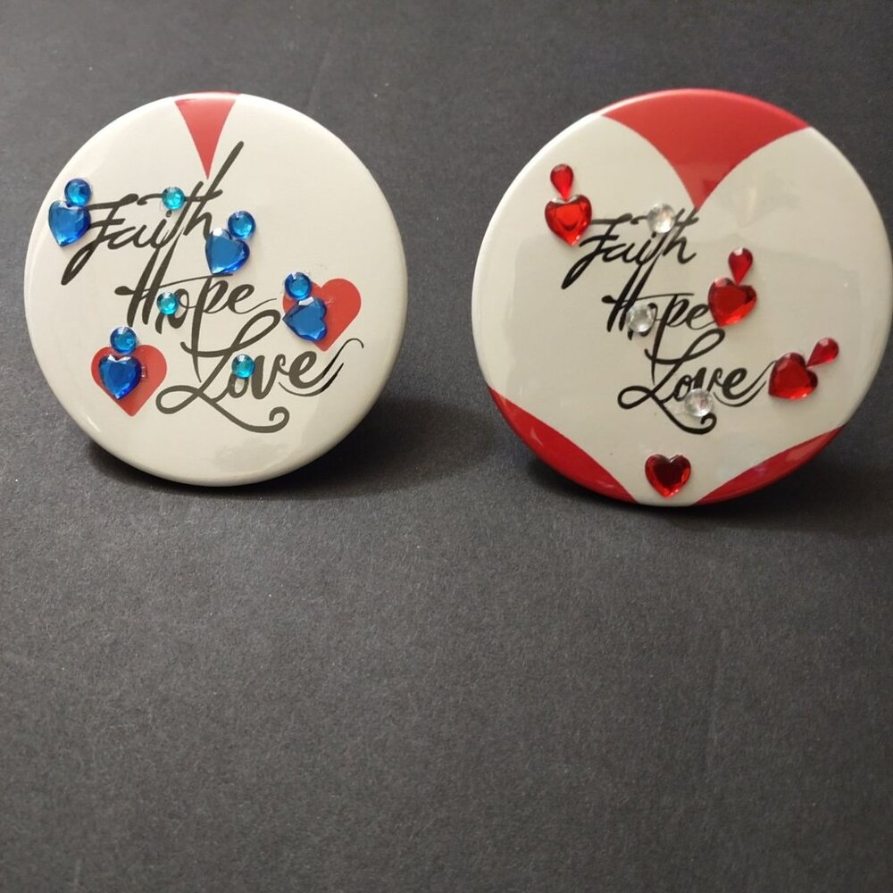 Faith Hope Love Pinback Button Set W/Rhinestone Hearts & Stand-NEW